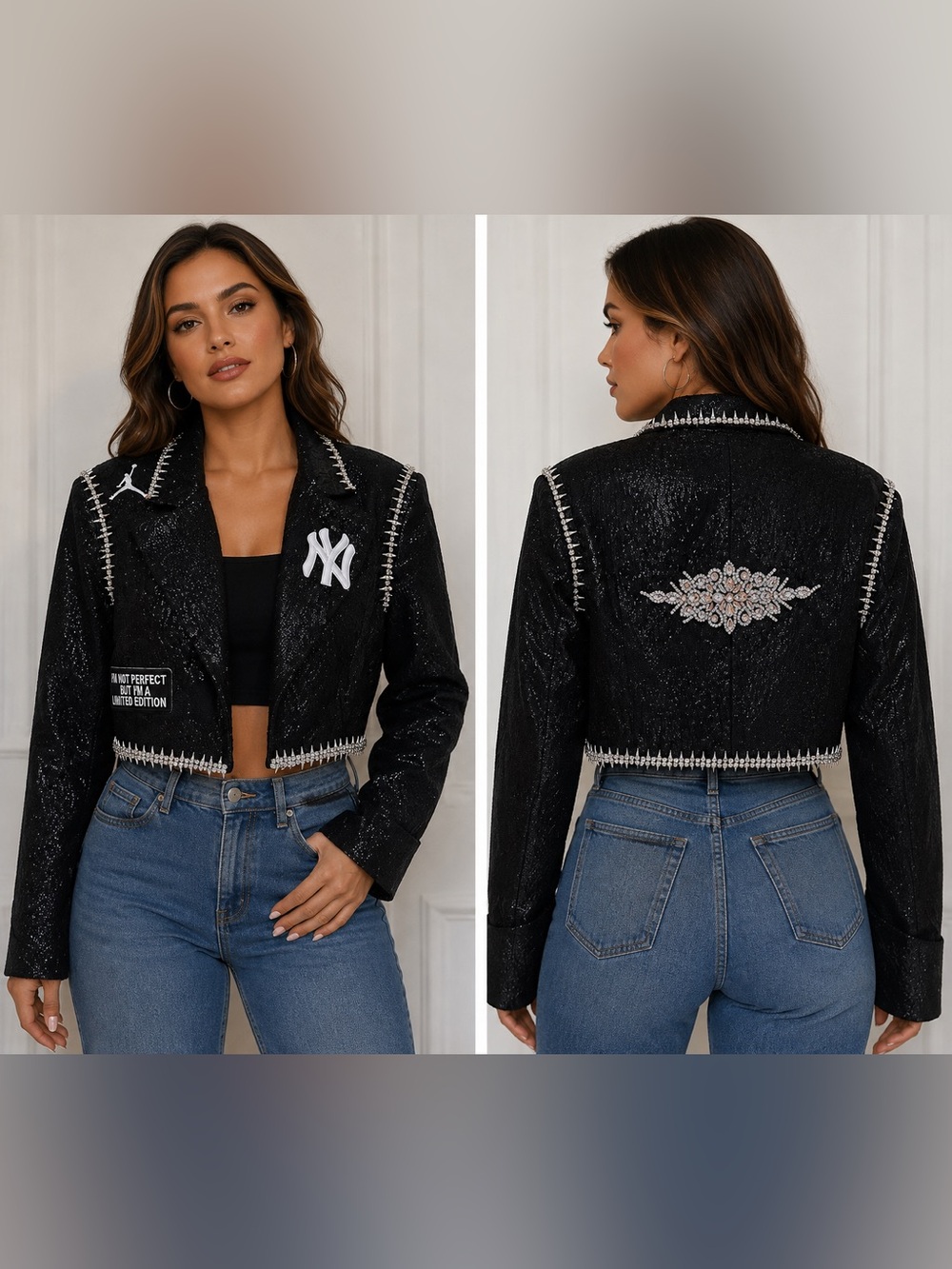 Upcycled NY Yankee inspired Black Cropped rhinestone and patch blazer size M